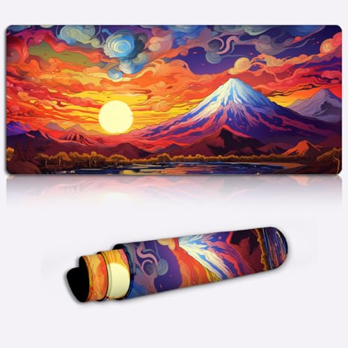 Tastatur Mauspad Fuji Sunset XXL PC Schreibtischunterlage (90 x 40 x 0,3) cm, übergroßes Mauspad für glatte und langlebige, wasserfeste Oberfläche, Desktop Pad, geeignet für Gamer
