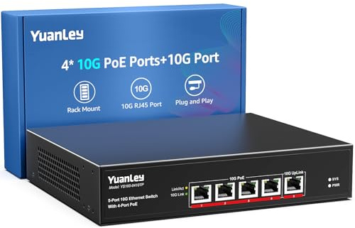 YuanLey 5-Port 10G PoE Switch Unmanaged mit 4-Port PoE, 4 x 10G Base-T PoE-Ports, 1 x 10G UpLink, IEEE802.3af/at, 65 W, kompatibel mit 1G/2,5G/5G/10G, Rackmount 10Gbe Netzwerk-Switch
