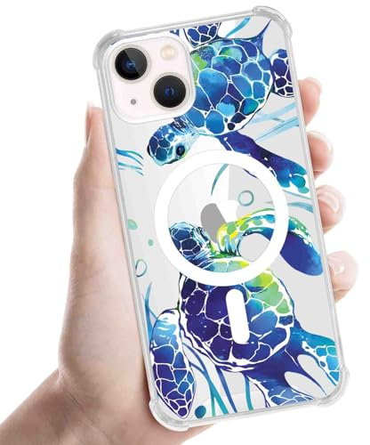 Foonary Transparent Cover Magnetic for iPhone 14/iPhone 13 6.1,Compatible with MagSafe with Turtle Blue Aesthetics Pattern Case Wireless Charging,Protective Bumper Soft Silicone Cases for iPhone 14