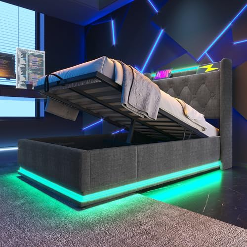 Polsterbett Einzelbett 90x200, LED Jugendbett Hydraulisch Stauraumbett Funktionsbett Bettgestell mit Stauraum & Lattenrost, Kopfteil mit USB Typ-C Ladefunktion & Staufach, Leinen, Ohne Matratze, Grau
