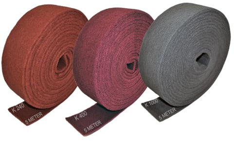 Schleifvlies Rollen Set bestehend aus 3 Rollen a 5 Meter in den Körnungen 240/400 / 1000 (grob/mittel/fein)
