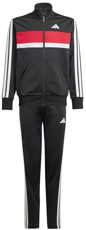 adidas Unisex - Bambini e ragazzi SEASONAL ESSENTIALS TIBERIO 3 STRIPES TRICOT TRACKSUIT, black/white/pure ruby, 13-14 Years