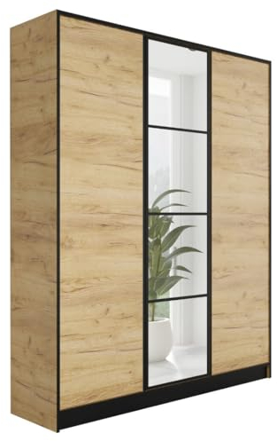 KIER FURNITURE Kleiderschrank mit Spiegel - Schrank Schlafzimmer - Garderobenschrank Flur Diele - Ausziehbare Kleiderstange - Eden v1 - BxHxT 156,4x205x39cm - 3 Türen - Craft Eiche
