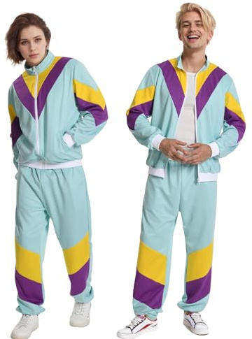 Seawhisper 80er Jahre Outfit Herren Damen 90er Kostüm Kleidung Jogginganzug Trainingsanzug Damen Hellblau L