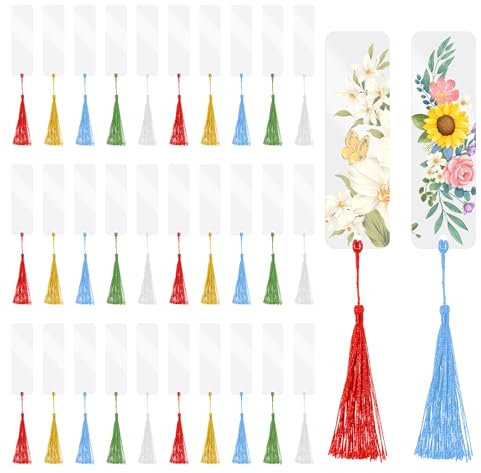 60 Stück Blanko Lesezeichen Set 30 Stück Rechteckige Acryl Lesezeichen mit 30 Stück Bunten Quasten Anhänger Transparente Lesezeichen Personalisiert Bookmarks für DIY Projekte Notizbuch
