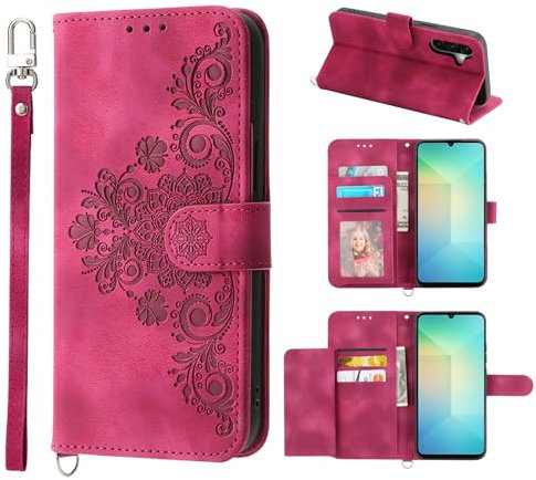 Auslbin Hülle für Samsung Galaxy A26 5G 6.7 5 Kartenschlitzen Handyhülle Vintage -Stil Blume PU Leder Flip Schutzhülle Mobile Brieftasche, Rot