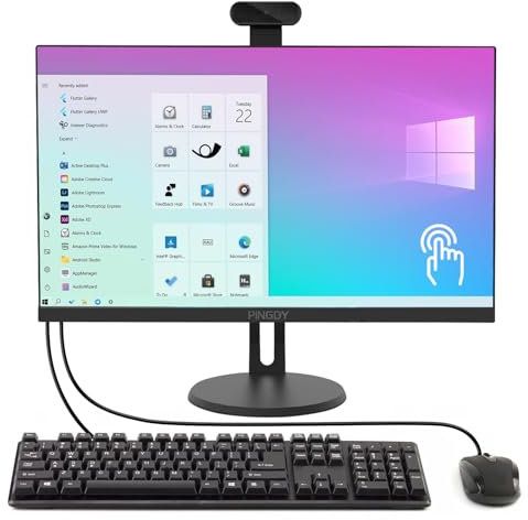 PINGDY PC de escritorio todo en uno con pantalla táctil FHD de 24 pulgadas, i7 de cuatro núcleos, Windows 11, 16 GB de RAM, SSD de 512 GB, teclado y mouse con cable, altavoz RGB y cámara web, negro