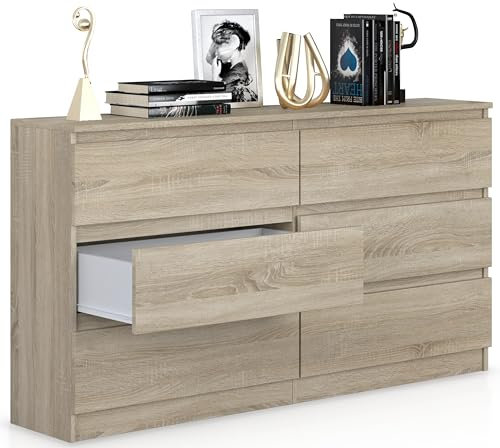Beneli Kommode Sonoma 140x40x75 cm | Schubladenkommode mit 6 Schubladen | Moderner Schrank für Wohnzimmer, Schlafzimmer & Flur | Elegantes Sideboard in Holzoptik
