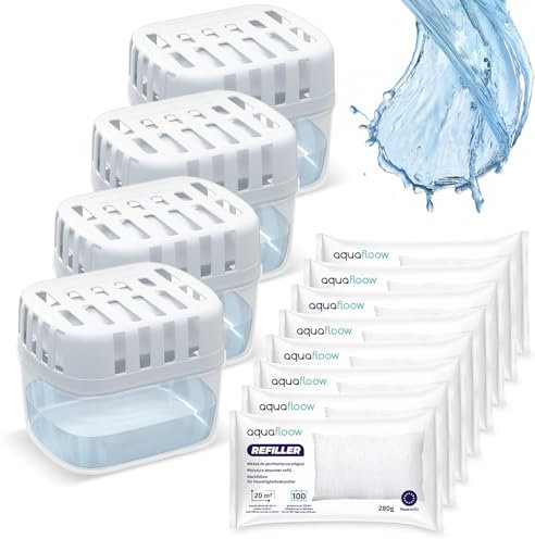 Aquafloow 4x Deshumidificadores + 8x Gránulos en Bolsa de Recarga de 280g, Bolsas de Recarga para Deshumidificadores, Paquetes de Recarga | Previene el moho y los olores desagradables.