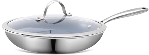 26cm Edelstahl Antihaft-Pfanne mit gesundem, nicht-toxischem keramischem Belag und Deckel, PTFE, PFAS, PFOA frei, geeignet für Induktions-, Elektro- und Gas-Herde, Geschirrspüler- und Ofen-sicher