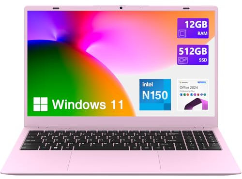 VIGSENUP Laptop rosa, computadora portátil de 15.6 pulgadas, 12 GB de RAM 512 GB SSD, procesador N150 de 4 núcleos (Beat a N95, N5095), hasta 3.6 GHz, WiFi 6, BT 5.2, cámara web, USB-C