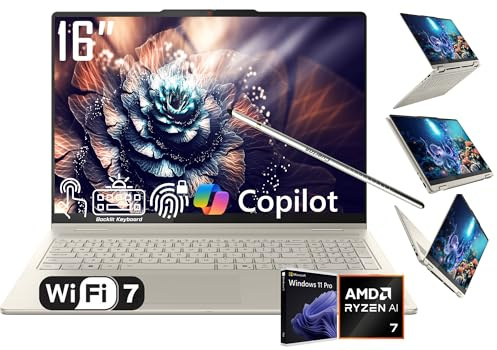 Lenovo Yoga 7 2-in-1 Laptop, 16 2K LCD Touchscreen, AMD 8-Core Ryzen AI 7 350(>Intel i7-1355U), AI Copilot, 16GB LPDDR5X, 1TB SSD, WiFi 7, Backlit KB, Fingerprint, FHD Webcam, W/Stylus, Win 11 PRO