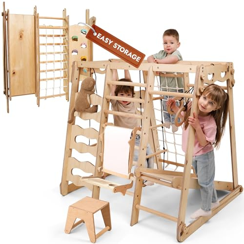 Upgraded 9-in-1 Kids Climbing Frame Outdoor & Indoor, Montessori Wooden Playground with Slide, Swing, Climbing Wall, Rope Ladder, Monkey Bar for Toddlers