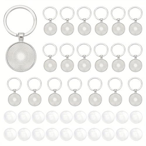 JOYOLA 20 Set Blanko Cabochon Schlüsselanhänger, Legierung Blank Lünette Anhänger Tabletts Durchmesser mit Transparentem Glas, Fassungen Glas Cabochons Für Die DIY Schmuckherstellung