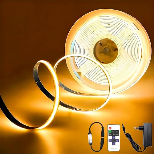 COB LED Streifen 5M, LED Strip Dimmbar,24V Flexibles COB LED Streifen Licht set mit Fernbedienung und Netzteil, CRI92, 8mm Breite, DIY LED Band für Home Dekoration, Küche,Unterbau TV,Wohnzimmer