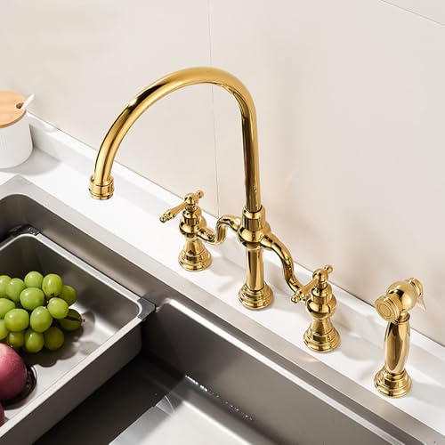 XJTNLB Robinet Cuisine avec Pistolet Pulvérisateur Mitigeur Pont Laiton Robinet Cuisine Retro avec Douchette en Laiton,Doré