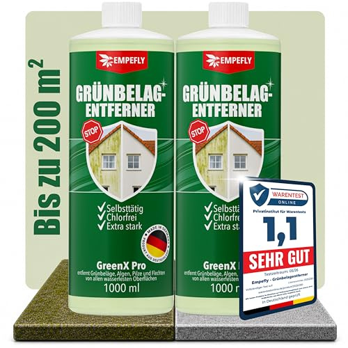 GreenX Pro Grünbelagentferner Konzentrat 2er Pack (2 × 1 L), selbsttätig gegen Grünbelag, Algen & Pilze ohne Schrubben – für Terrasse, Fassade, Dachziegel und Stein – chlor & säurefrei