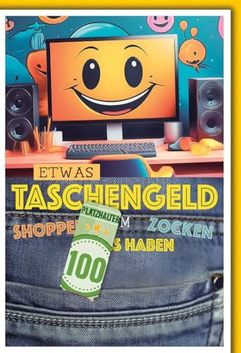 Geburtstagskarte Kreativ - Teenager - Gaming-Motiv mit Smiley und Geldscheinhalter in Jeansoptik - Klappkarte mit Umschlag Glückwunschkarte Geburtstag