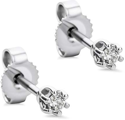 Orovi Schmuck Damen runde Solitärohrstecker mit 2 natürlichen Diamanten Brillanten 0.06 CT in einer Krappen Fassung Zeitlose klassische Ohrringe aus Weißgold 9 Karat / 375 Gold