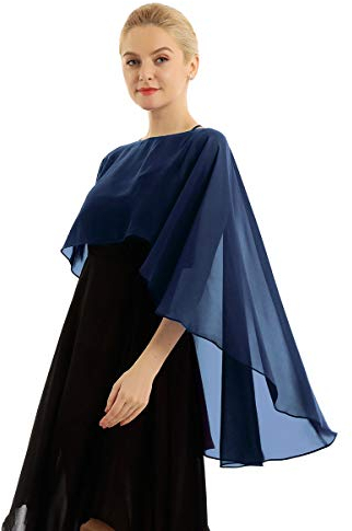 YiZYiF Damen Chiffon Poncho Schal Stola Elegant Umschlagtuch Bolero Jacke Jäckchen Cardigan Tops zum Hochzeit Brautkleid Navy Blau Einheitsgröße