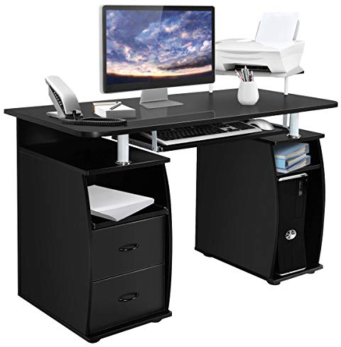 COSTWAY Mesa de Ordenador con Cajones Escritorio Computadora Mesa de Trabajo para Oficina Hogar (Negro)