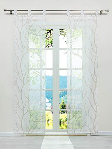 ESLIR Schiebegardinen Set 2er Flächenvorhänge Gardinen mit Schlaufen Schiebevorhang Transparent Schlaufenschal mit Zweige Muster Voile Weiß-Sand BxH 57x245cm 2 Stück