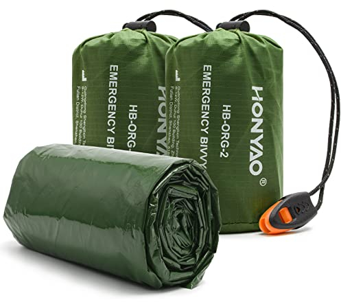 HONYAO Saco de Dormir Emergencia, Mantas Termica de Aluminio, Supervivencia Bivy para Vivac, Cámping, Excursionismo, Trekking (Verde con Silbar#2)