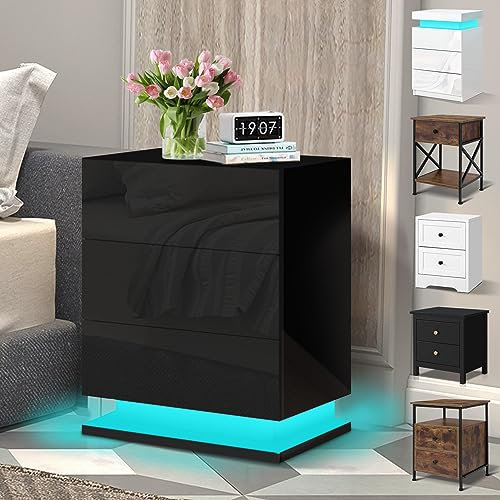ELFORDSON LED Bedside Table with 3 Drawers, 4-side High Gloss, 16 RGB LED Colours, Bedside Cabinet with Plug, Remote Control, Side Table Nightstand for Bedroom Living Room Home Furniture, Black