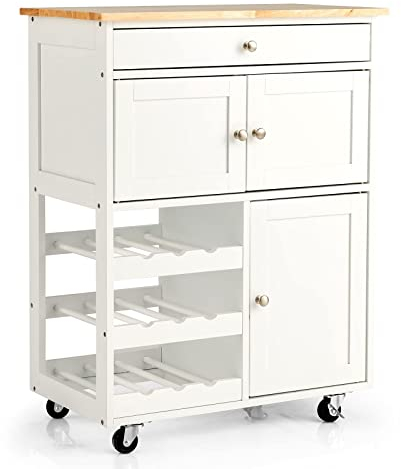 COSTWAY Kitchen Serving Trolley, Rolling Storage Island Cart with Drawer, 3 Tier Wine Racks, 2 Cabinets, Rubber Wood Tabletop & Wheels, Utility Storage Cabinet for Home Office Restaurant (White)