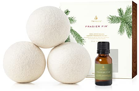 Thymes Wool Dryer Balls Set – Includes 3 Wool Laundry Balls + 1 Scented Laundry Fragrance Oil for Dryer – Eliminate Wrinkles, Static & Lint (Frasier Fir, 0.5 fl oz)