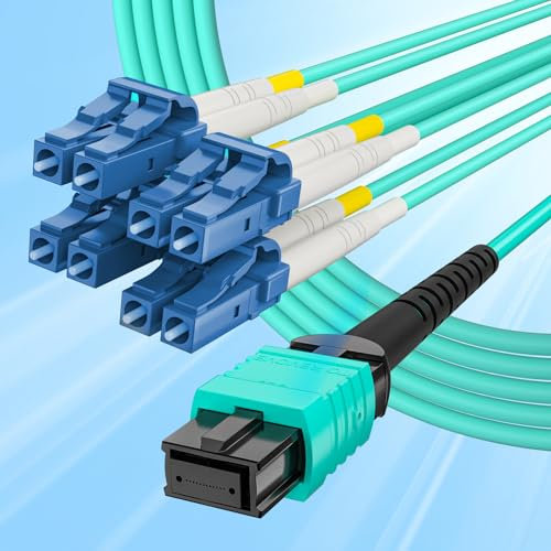 Fiber Patch Cable - MTP to 8xLC OM3 8-core (Breakout=12m) Fiber for 40G/100G QSFP Transceiver, 15m(49.2-ft)