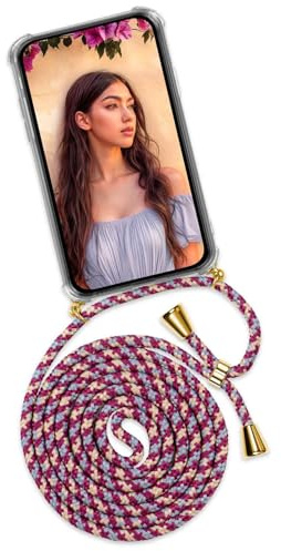 ONEFLOW Handykette für Samsung Galaxy M52 5G Hülle mit Band, Handyhülle mit Kette abnehmbar, Handyband zum Umhängen, Handy Umhängeband Lange Handykordel, Twist Case – Rot Gold