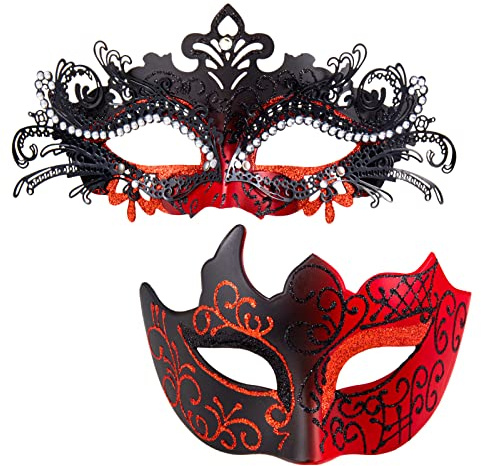 MYSEUNI Masquerade Mask for Couple Red - Shiny Rhinestone Venetian Mask & Mens Venetian Half Face Mask for Christmas Mardi Gras Party Halloween Costume Cosplay Prom Masked Ball