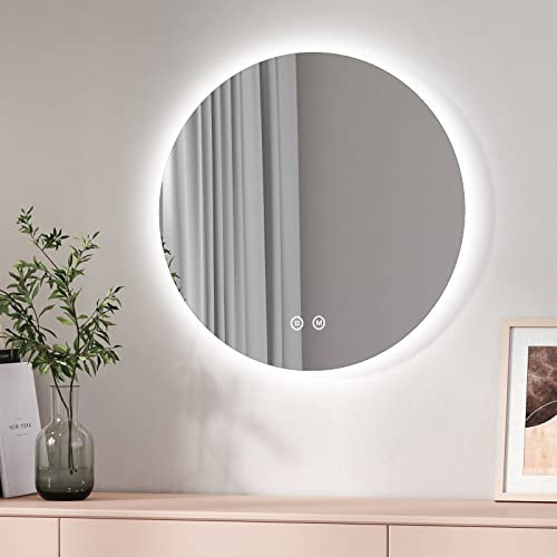EMKE Miroir Salle de Bain LED Rond 60 cm, avec Interrupteur Tactile + 3 Types de Feux Blanc Chaud/Blanc Froid/Neutre