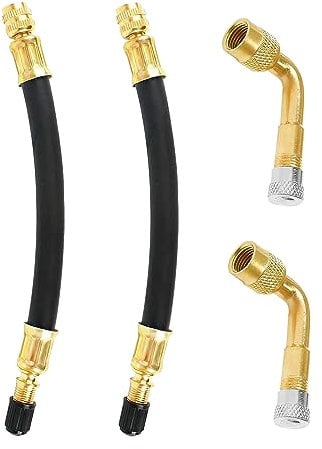 4 Pcs Tire Valve Extension Set, 90 Degree Tire Universal Valve Stem Extension with Caps, Include Rubber Extension Tire Valve Adaptor with Caps for Universal Bike Cars Truck