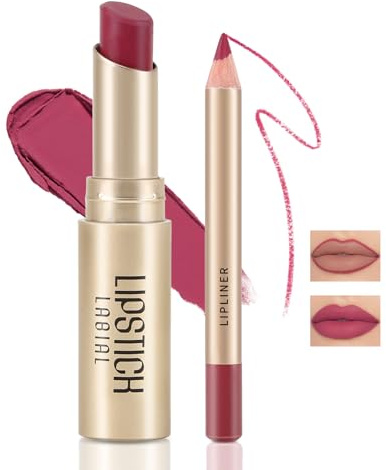 Boobeen Set di 2 Pezzi di Fodera per Labbra e Rossetto, Ultra-Long-Lasting Nude Matte LipLiner Cremoso Rossetto Impermeabile Colore Labbra