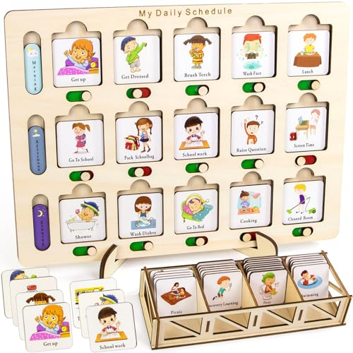 TEUVO Wochenplaner Kinder, Autismus Spielzeug Holz Kinder Kalender Routine Planer Kinder mit 40 Tätigkeit Aufgabenplaner Karten für Lernen, Montessori Tagesplaner Kinder Routine für Alter 1 2 3 4 5