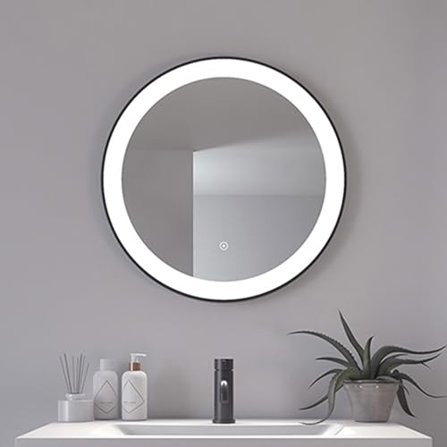 Loevschall Libra Modernes Badspiegel mit Beleuchtung, Spiegel Rund 60 cm, Smart Mirror mit Touch-Schalter, Schwarzer Rahmen, Badezimmer Spiegel mit 5 cm LED Lichtfield, Helligkeit Dimmbar, CRI > 90