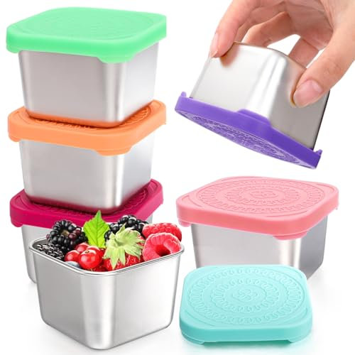 Eorbow Paquete de 4 recipientes de aperitivos de acero inoxidable para niños, 6 onzas, lonchera de metal a prueba de fugas con tapas de silicona, recipiente pequeño para aderezo de ensalada para ir a