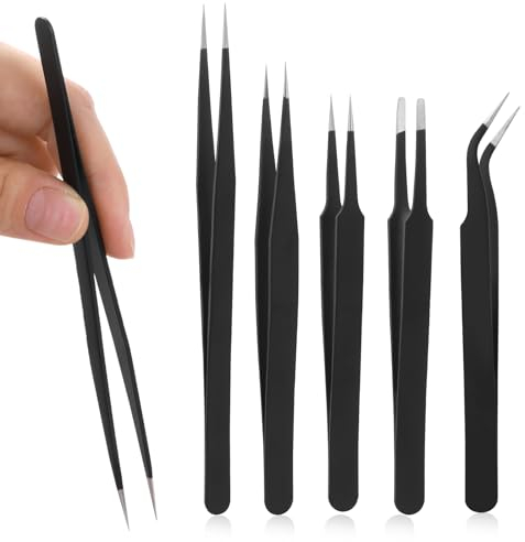 Pinzetten Set, 5 Stück Perlen Pinzette 5 Modelle Edelstahl Pinzette Anti-Statik Präzisionspinzette Set für Schmuckherstellung, DIY-Handwerk, Elektronische Reparaturen, Maniküre-Werkzeuge (Schwarz)