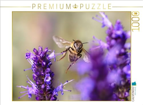 Puzzle · Biene im Flug an Duftnessel | Makrofotografie einer fliegenden Biene zwischen Duftnesselblüten · 1000 Teile · Lege-Größe 64 × 48 cm · CALVENDO Puzzle