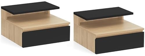 IDMarket - Lot de 2 Tables de Chevet murales TOMI 1 tiroir + 1 Tablette étagère Suspendue + 1 Tablette façon hêtre et Noir