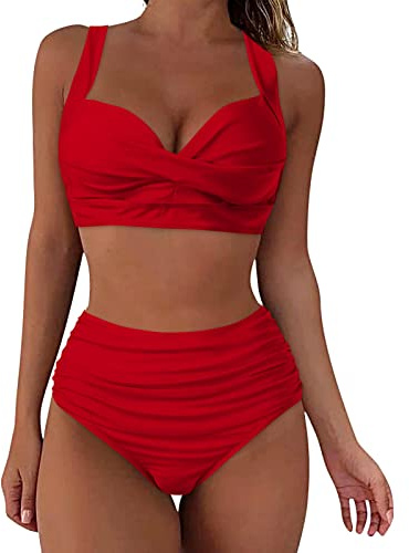 Damen Bikini Set Herzform Ringen Cut Out Jacquard Blumemuster Mid Waist Bademode Zweiteiliger Badeanzug Swimsuit,Rot,XXL