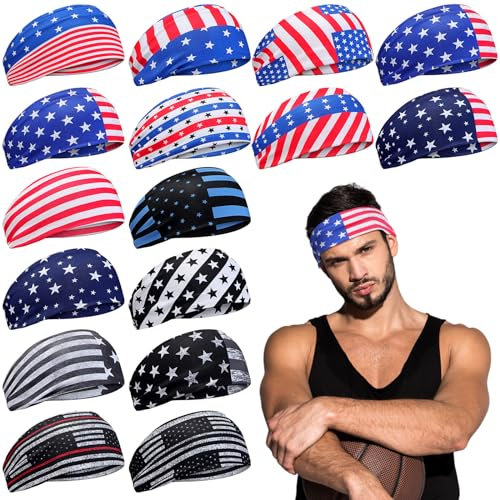 Foaincore 16 Stück Stirnbänder mit amerikanischer Flagge, patriotische USA, Bandana, feuchtigkeitsableitend, dehnbar, Schweißbänder für Damen, 4. Juli, Workout, Laufen, Yoga, Sport, Wie abgebildet