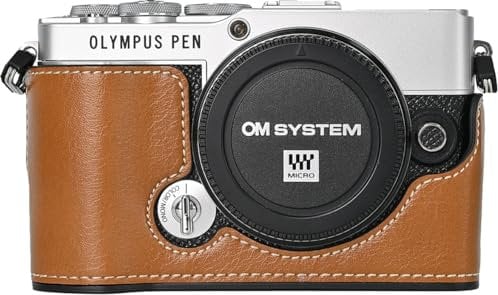 E-P7 Case, BMAOLLONGB Handmade PU Leather Half Camera Case Bag Cover Bottom Opening Version for Olympus Pen E-P7 EP7 with Neck Strap Mini Storage Bag (Brown)