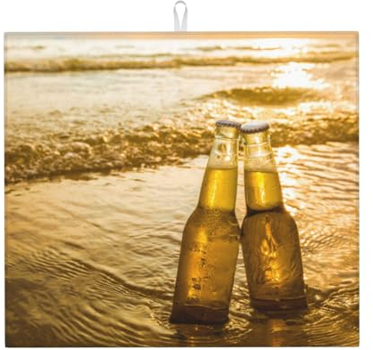TINAIWAN Botellas Cerveza Playa Atardecer Hora Impresa, Esteras para secar Platos, Almohadilla de Secado Absorbente para escurridor de Platos 41 x 46 cm