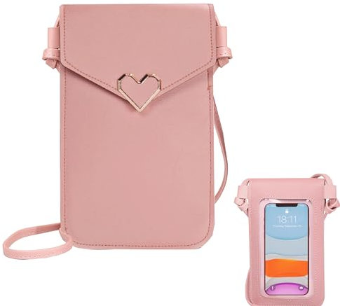 PU Leather Phone Bag for Women and Girls - 2 Layer Card Slots Crossbody Purse With Small Shoulder Handbag - Pink Mobile Pouch