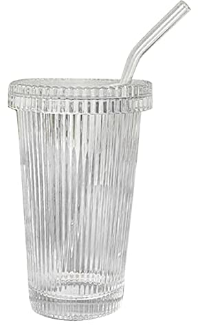 JSGHGDF Vaso de vidrio simple a rayas con pajita, vaso de vidrio para beber, material de vidrio, vasos de bebidas con pajilla