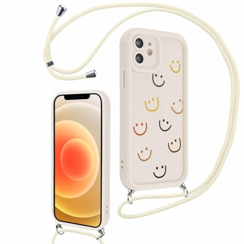 Xylota Handykette für iPhone 12 6,1'' Hülle mit Band, Silikon Aesthetic Muster Design Handyhülle mit Kette Kordel Schlüsselband, Stoßfeste Mädchen Schutzhülle für iPhone 12 zum Umhängen,lachen