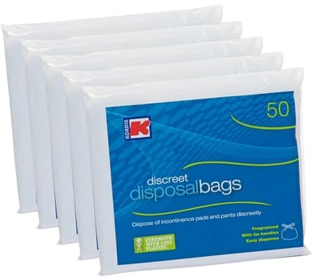 Kordis Große Inkontinenz-Entsorgungsbeutel für Erwachsene, 5 x 50 Beutel, parfümiert, mit Griffen zum Binden, Einweg- und Diskret, hygienische Müllentsorgung von Inkontinenzeinlagen, 250 Beutel, 32 x